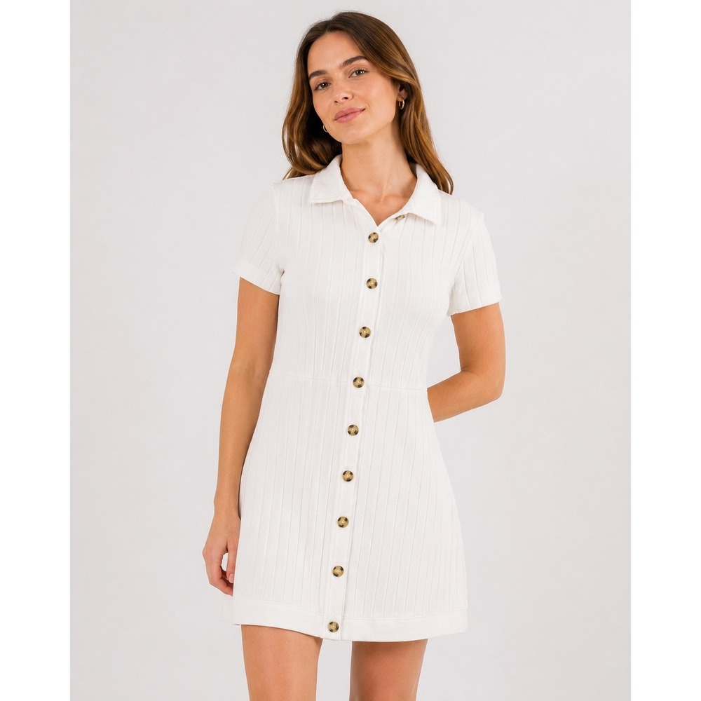 Free People Beach White Ribbed Button Front Mini Dress Short Sleeve Cotton M